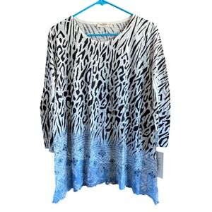 Jess & Jane Medium "Panthera" Tunic Top‎ Animal Blouse Lightweight Blue Hem